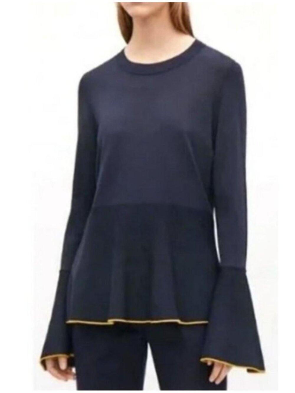COS Long Bell Sleeve Peplum Top Sz M Navy Blue Knit Yellow Trim Preppy